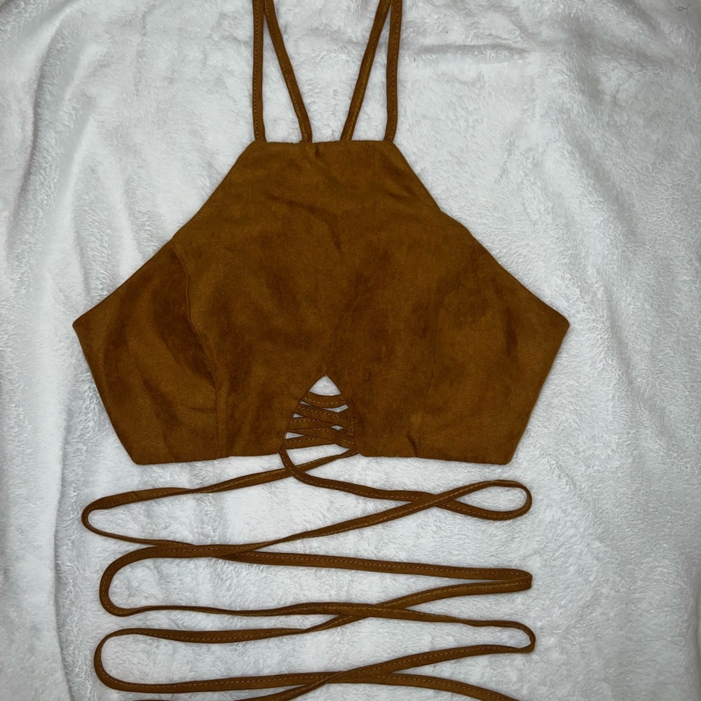 Blooming jelly faux suede self tie top - brown